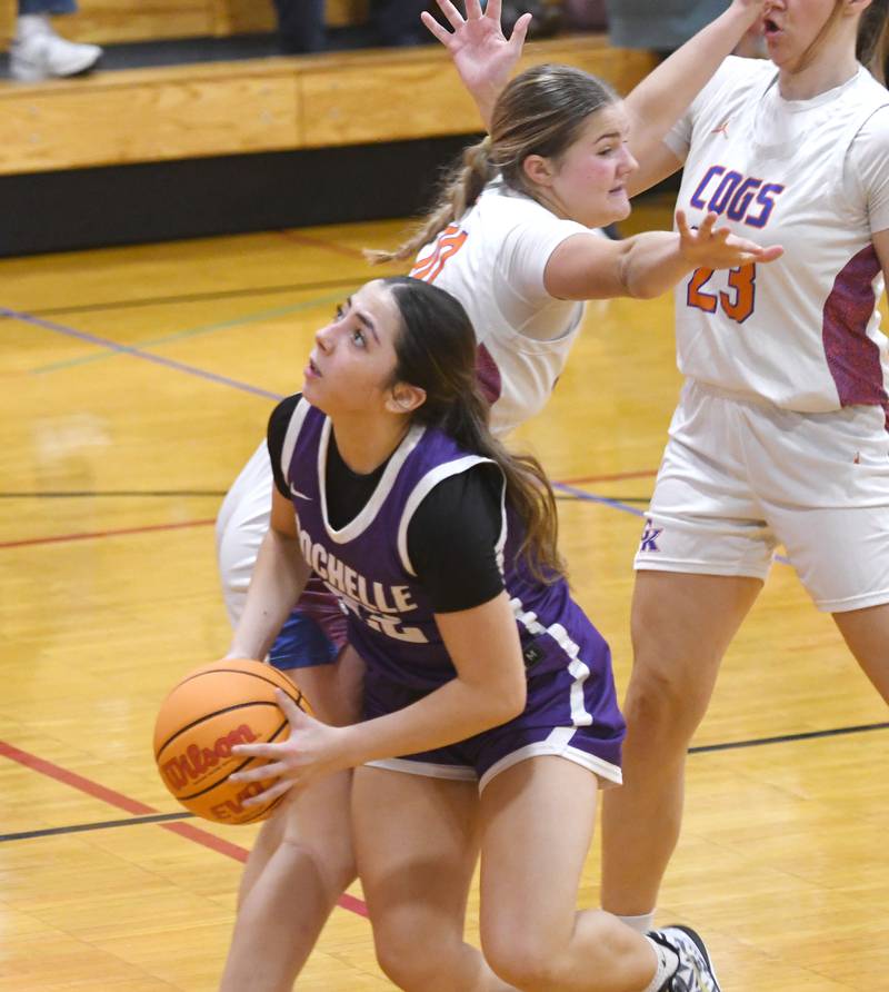 Rochelle's Gianna Olguin (22) makes a move to the basket against Genoa-Kingston at the Oregon Girls Tip-Off Tournament on Wednesday, Nov. 19, 2025 in Oregon.