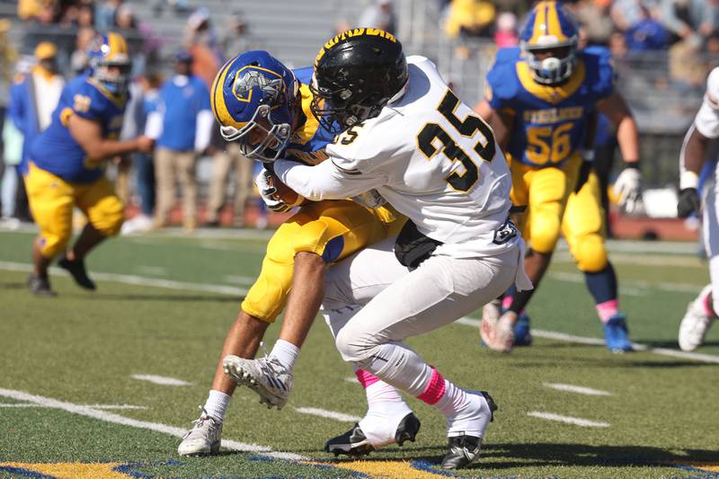 Joliet West’s Micah McNair pulls down Joliet Central’s John Stasiak for the sack on Saturday.