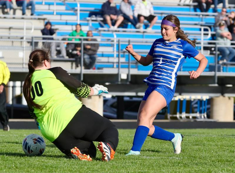 Princeton's Olivia Sandoval attacks L-P keeper Lily Higgins Tuesday night at Bryant Field. Sandoval scored the Tigresses' only goal in a 6-1 loss