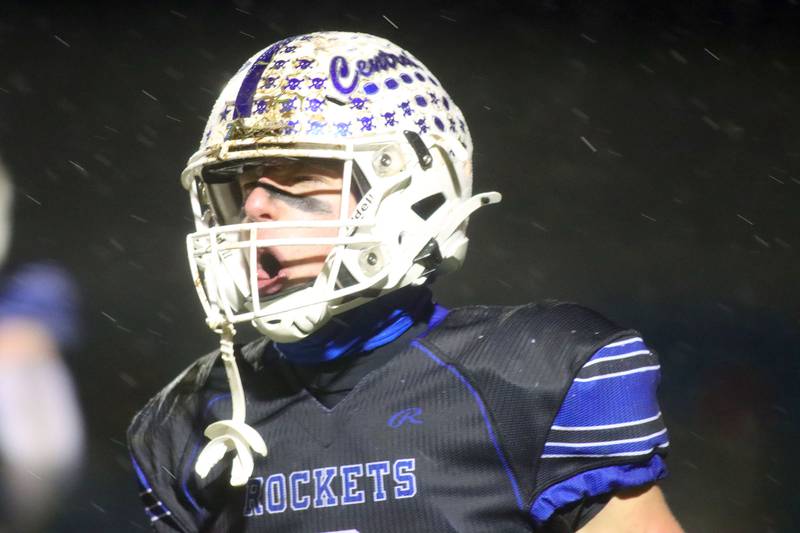 Burlington Central’s Tyler McGladdery scores his first of two touchdowns against Harlem in IHSA football Class 6A second-round playoff action at Central High School in Burlington on Saturday, November 8, 2025.
