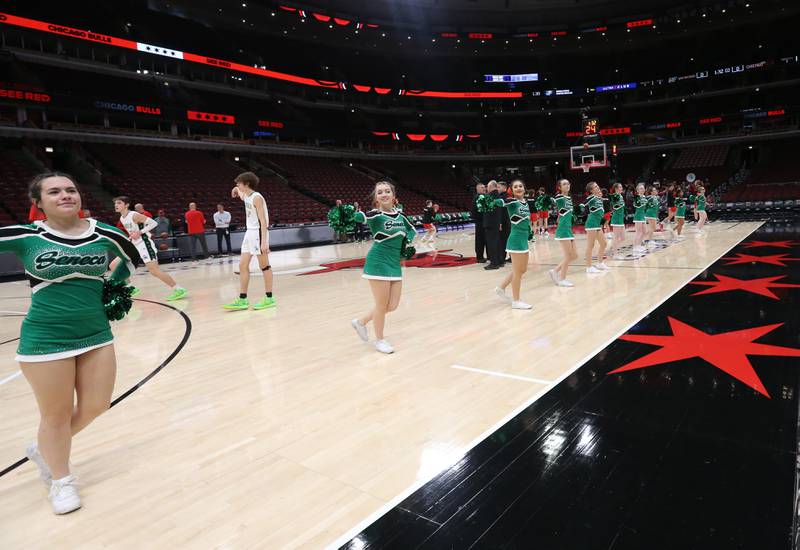 Seneca cheerleaders perform before the game against Streator  on Tuesday, Dec. 21, 2023 at the United Center in Chicago.