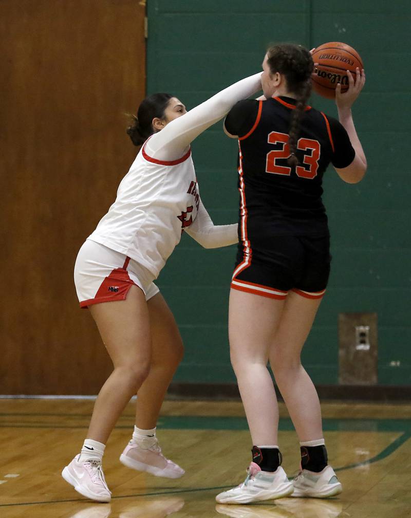 Huntley's Madison Diaz guards Crystal Lake Central's Leah Spychala during the girl’s game of McHenry County Area All-Star Basketball Extravaganza on Sunday, April 13, 2025, at Alden-Hebron’s Tigard Gymnasium in Hebron.