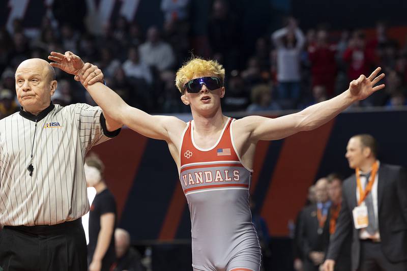 Vandalia’s Tyson Waughtel celebrates his win over Coal City’s Cooper Morris in the 126 pound weight class of the 1A state individual wrestling finals Saturday, Feb. 22, 2025, at State Farm Center in Champaign.