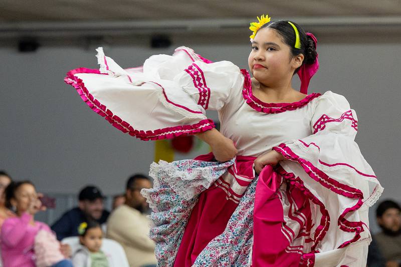 Inocencia Madrigal performs dance at the 'Where Our Paths Meet' screening event on Sunday, Sep 7, 2025 at Diaz Banquet Center in Mendota.