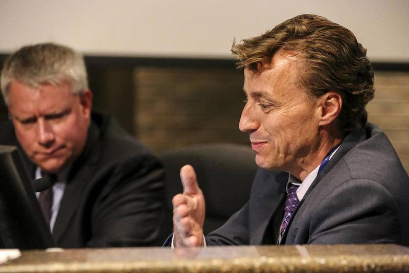 City Attorney Marty Shanahan (right) at a June 2019 city council meeting with Assistant City Attorney Chris Regis. Shanahan was interim city manager at the time.