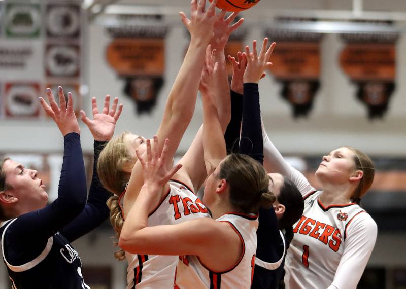 Cary-Grove’s Trojans battle Crystal Lake Central’s Tigers  in varsity girls basketball on Tuesday, Jan. 7, 2025, at Crystal Lake Central High School in Crystal Lake.