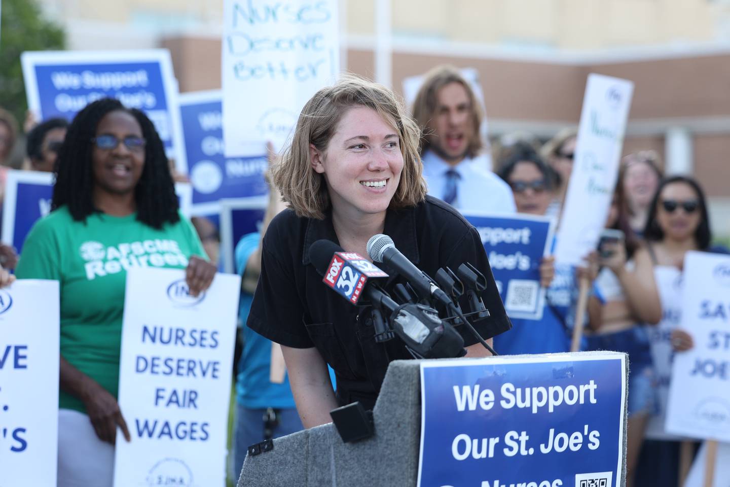 Sarah Hurd, Organizer for the Illinois Nurses Association, speaks at a press conference during a picket outside St. Joseph Hospital as contract negotiations continue on Thursday, July 20th, 2023 in Joliet.