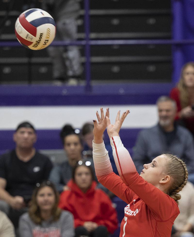 Oregon’s Cassie Kurt plays the ball against Dixon Thursday, Oct. 9, 2025.