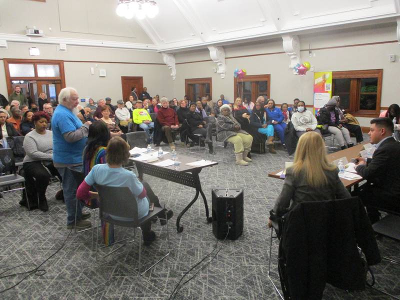 The people who attended a candidates' forum on Thursday filled the meeting room at the Joliet Public Library. Feb. 19, 2025