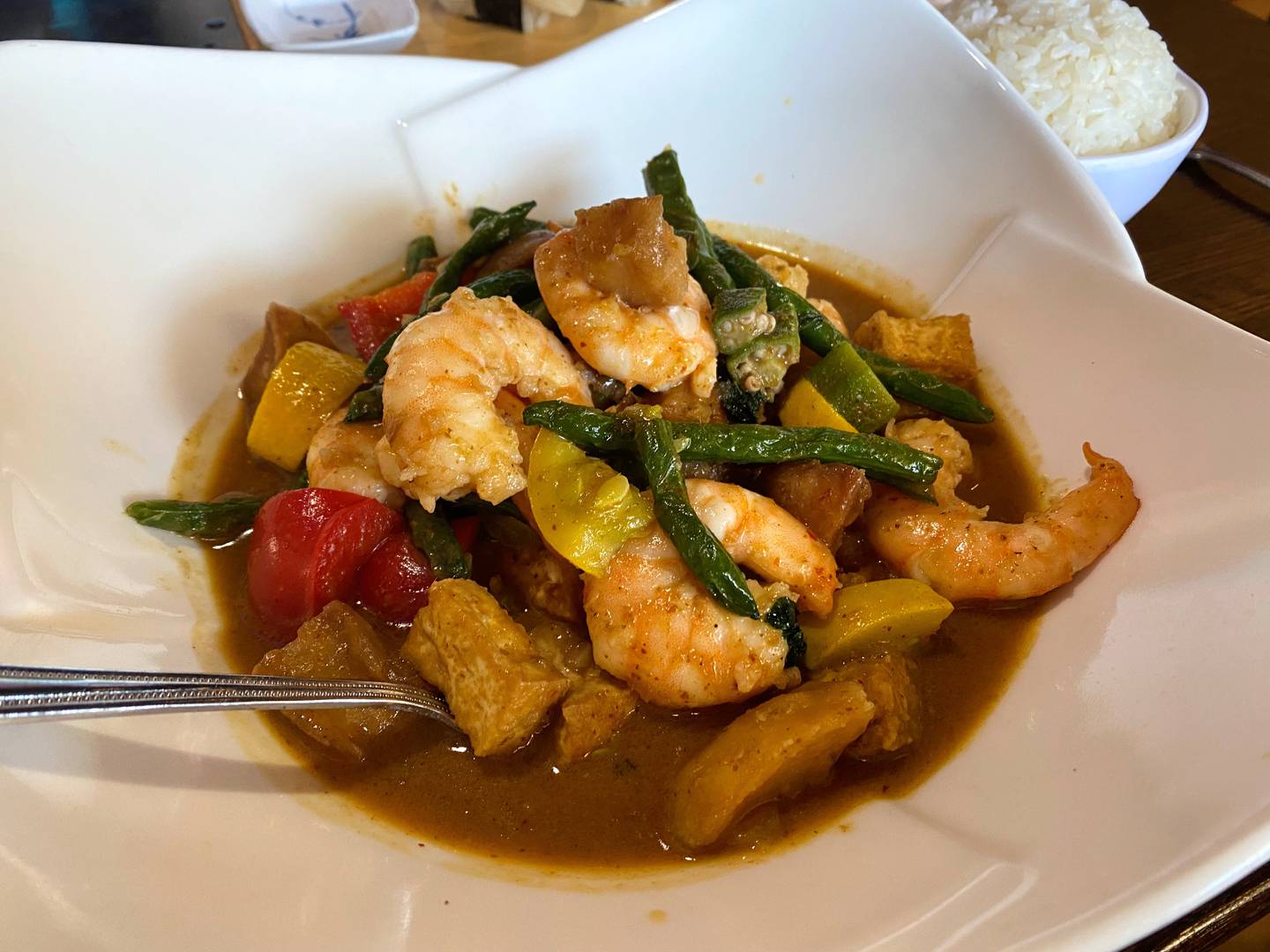 For my entree at Yummy Asian Bistro, I chose the panang curry, one of the Thai dishes on the menu. It came with tofu, summer squash, green beans and red peppers in addition to the shrimp.