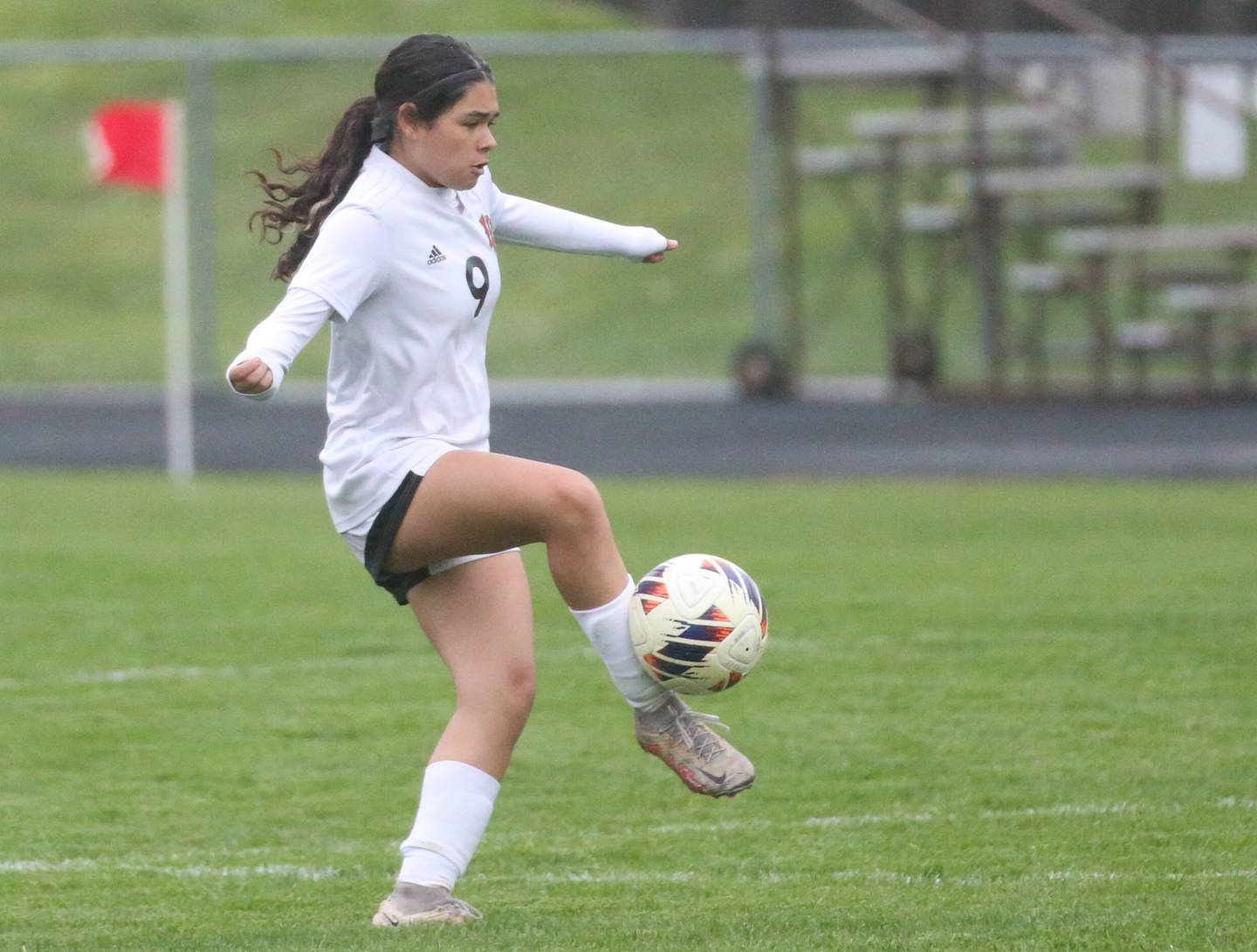 L-P's Sofia Nanez pushes the ball foward against Ottawa on Wednesday, April 30, 2025 at King Field in Ottawa.