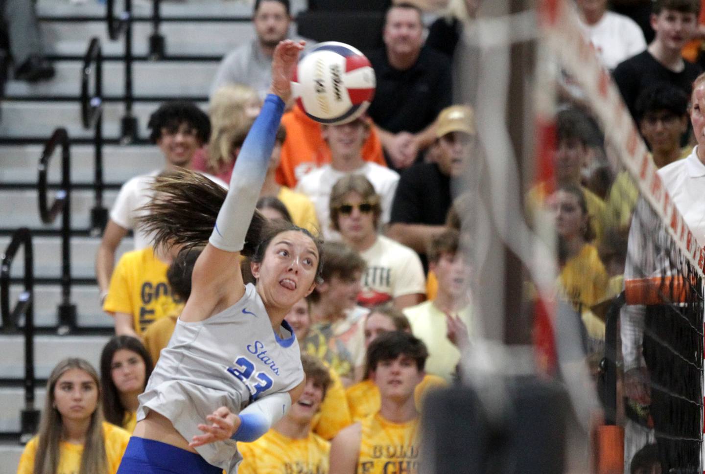 St. Charles North’s Haley Burgdorf goes up for the kill during a game at St. Charles East on Tuesday, Sept. 26, 2023.