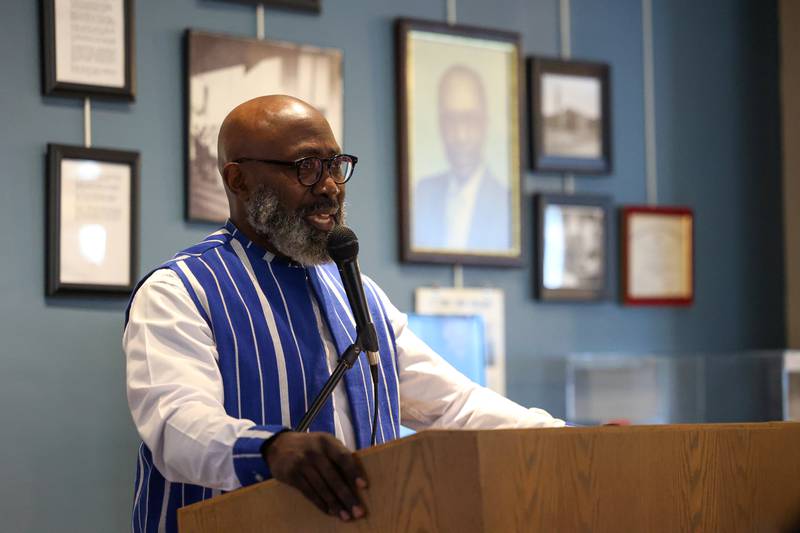 Rev. K. Edward Copeland, son of the late Kankakee civil rights leader Rev. William Copeland, speaks during the opening of the exhibit 'Called to Kankakee: The Life and Legacy of the Rev. William H. Copeland Jr.' at the Kankakee County Museum on Saturday, Feb. 7, 2026.