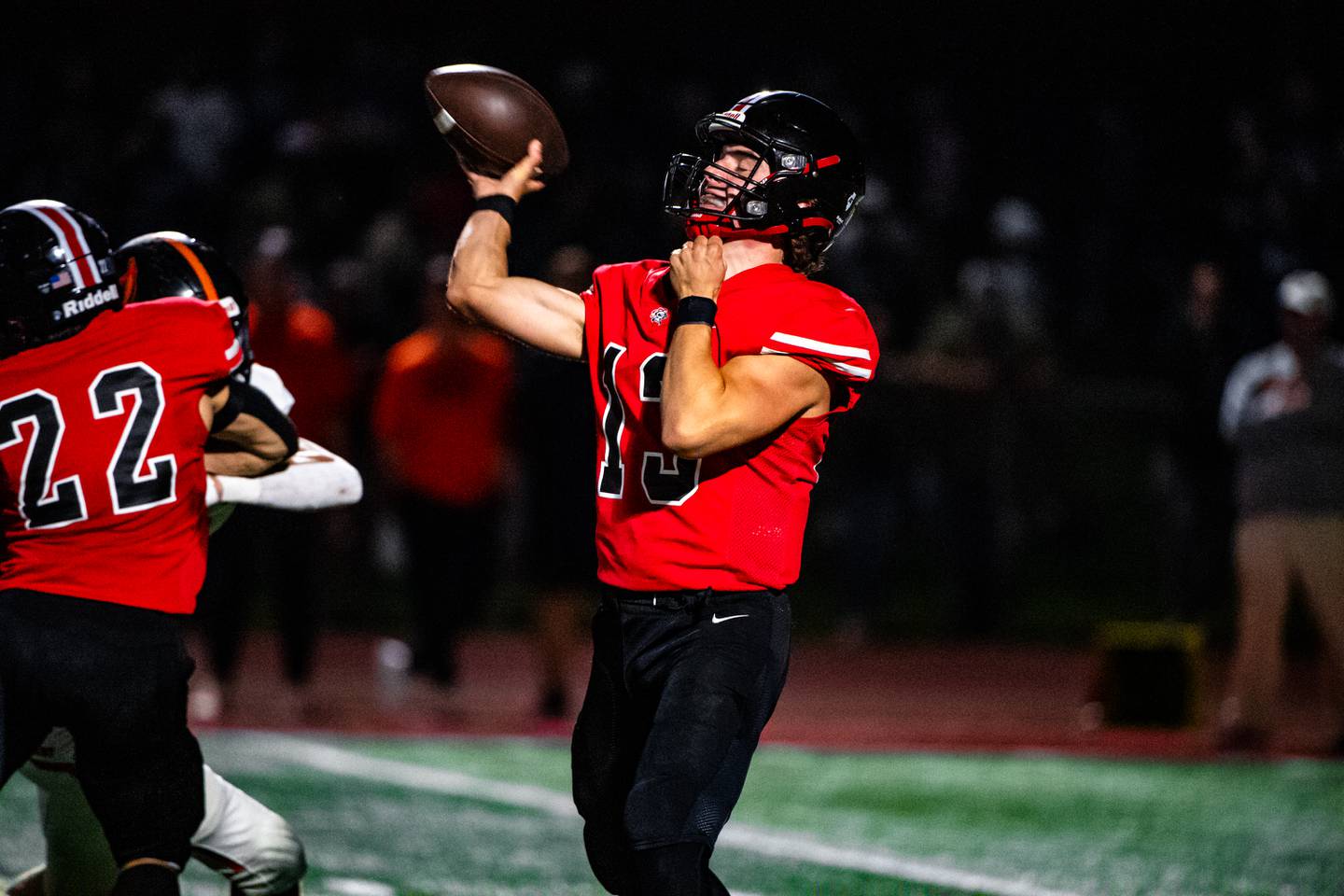 Lincoln-Way Central's Michael Kuehl throws a pass During a game on Friday Sept. 15, 2023 at Lincoln-Way Central High School in New Lenox