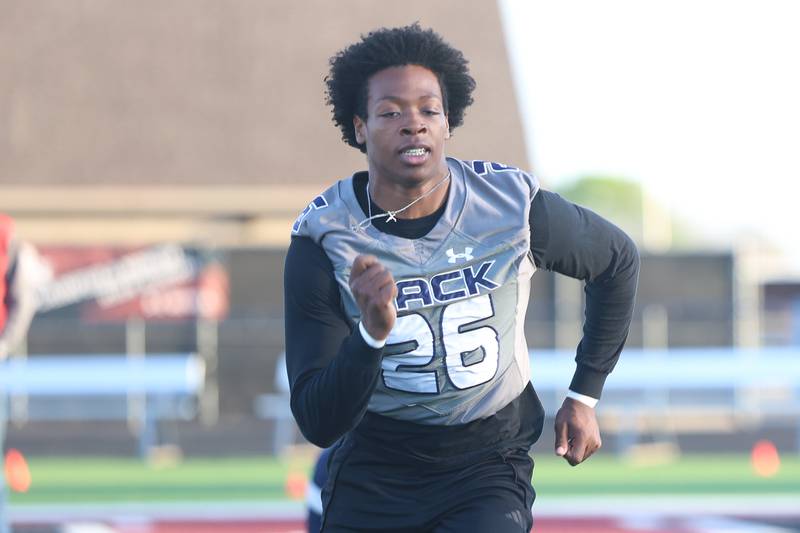 Oswego East’s Ty’Rel Thomas runs a drill at the IHSA Southwest Suburb Showcase combine on Thursday, May 7, 2026 at Plainfield North High School.