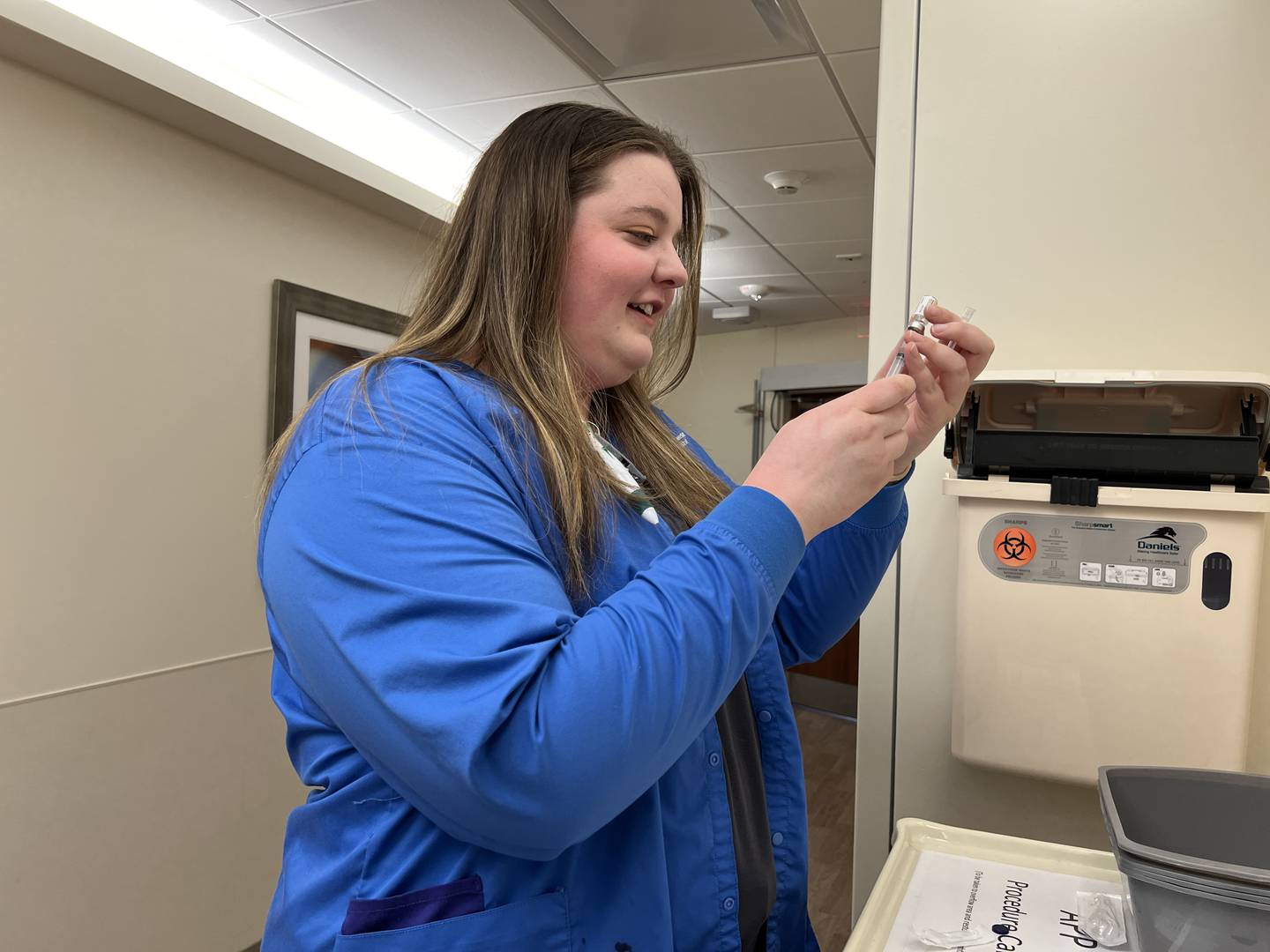 Rachel Nagler prepares medication inside Northwestern Medicine Kishwaukee Hospital on April 19, 2024.