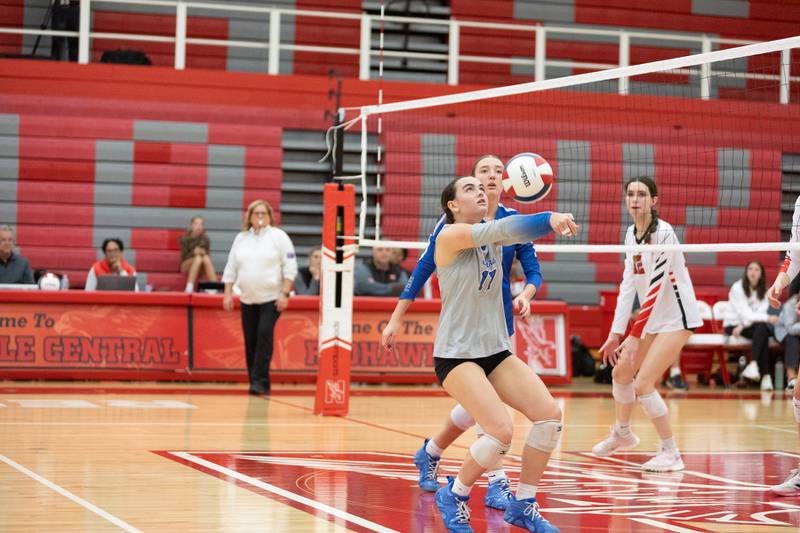St. Charles North's Addison Kashuba bumps the ball against Naperville Central at the Class 4A Regional Final on Thursday, October 30,2025 in Naperville.