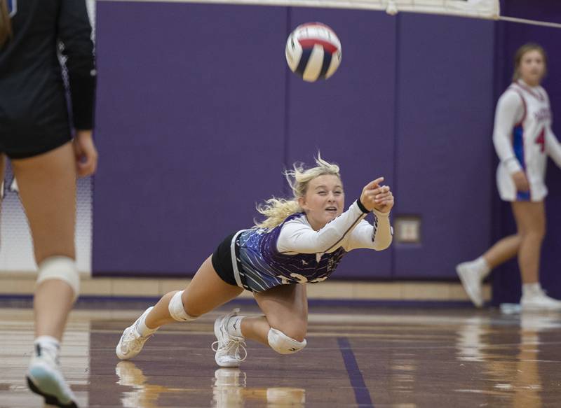 Dixon’s Emma Olson dives for a shot against Newman Monday, August 28, 2023 during a non-conference match-up in Dixon.