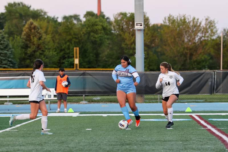 Kankakee's Raquel Guevara looks to pass during the Kays' 3-1 loss in the IHSA Class 2A Kankakee Regional championship on Friday, May 23, 2025.