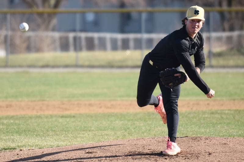 Bishop McNamara's Dom Panozzo throws the first pitch of the season during a home game against Wilmington Monday, March 17, 2025.