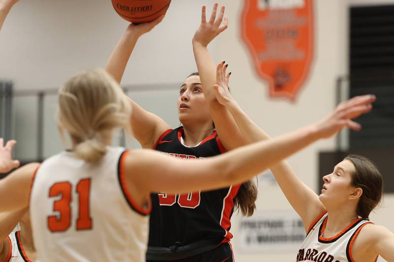 Lincoln-Way Central’s Lina Panos takes the deep shot against Lincoln-Way West on Tuesday, February 7th..