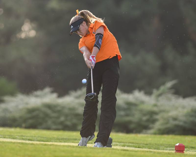 Hope Trosclair of Plainfield East tees off during the Southwest Prairie conference meet on Wednesday Sept. 24, 2025, held at Blackberry Oaks Golf course in Bristal.
