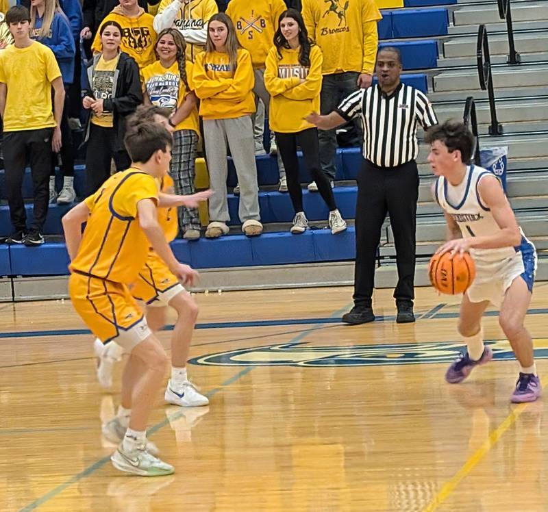 Woodstock's Collin Greenlee dribbles against Johnsburg during Kishwaukee River Conference boys basketball action Wednesday, Jan. 22, 2025, in Johnsburg.
