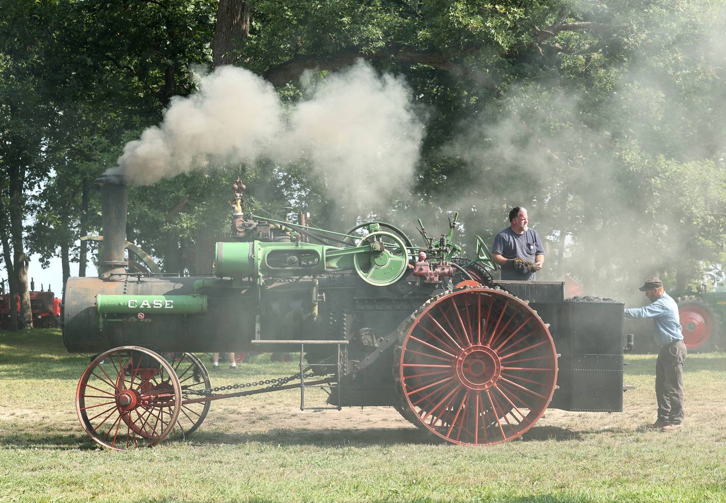 A 1911 75 horsepower Case steam tractor pumps out some steam during the Sycamore Steam Show Thursday, Aug. 10, 2023, at Taylor Marshall Farm in Sycamore. The show runs from 7 a.m. to 5 p.m. through Sunday.