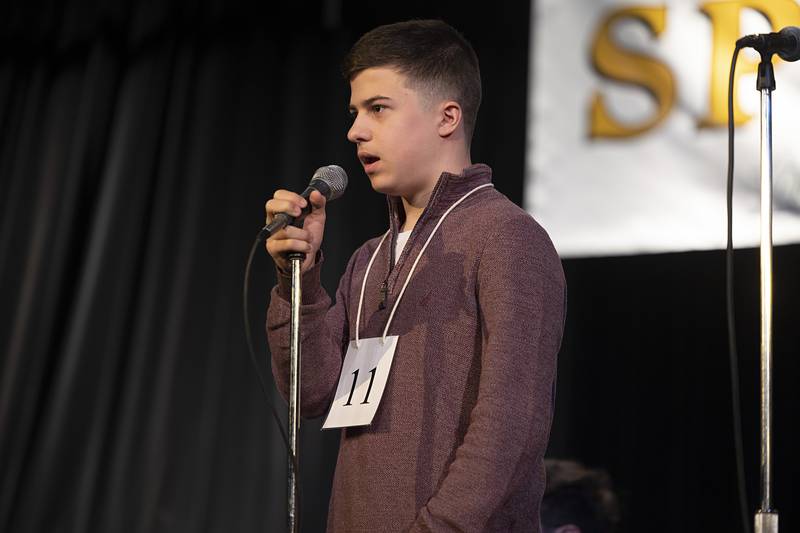 Silas Delhotal of Ashton-Franklin Center Jr. High competes Thursday, Feb. 19, 2026, during the Lee-Ogle-Whiteside County Regional Spelling Bee. Delhotal missed in round 2 on the word literally.