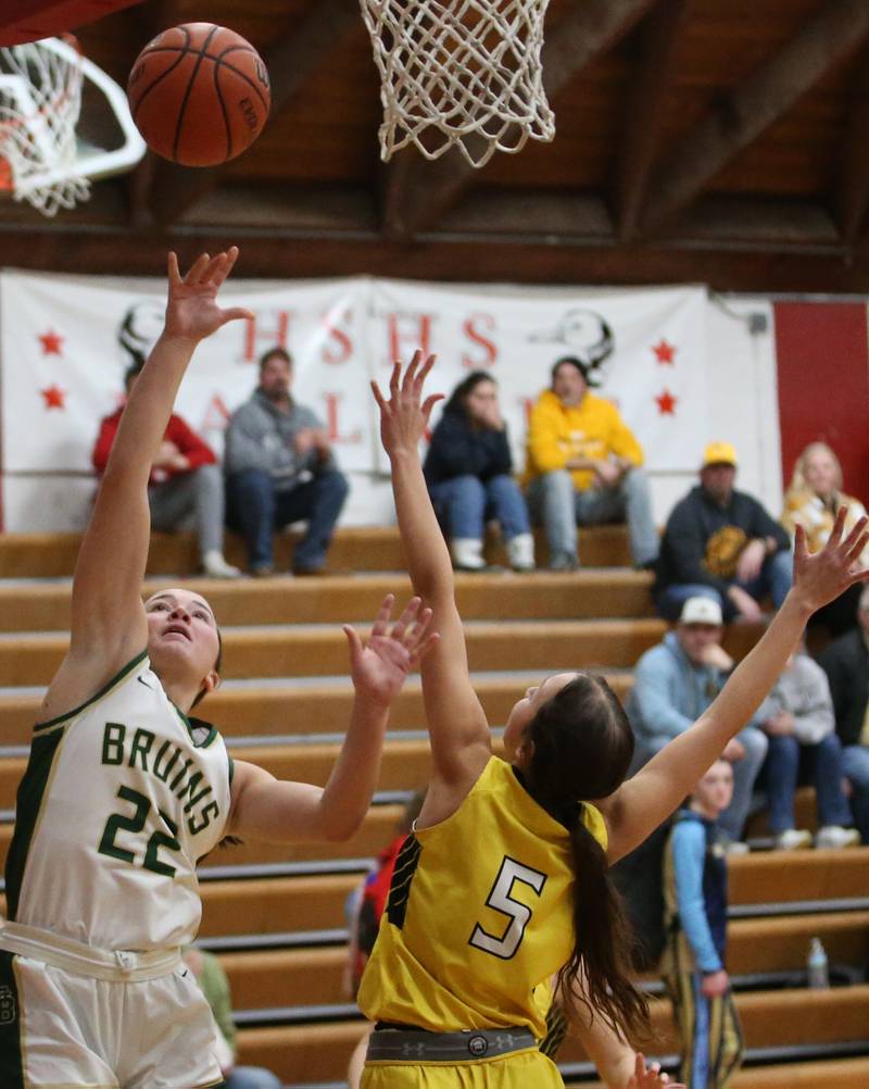 St. Bede's Ella Hermes shoots a jump shot over Putnam County's Eme Bouxsein during the Tri-County Conference Tournament championship game on Thursday, Jan. 18, 2024 at Henry-Senachwine High School.