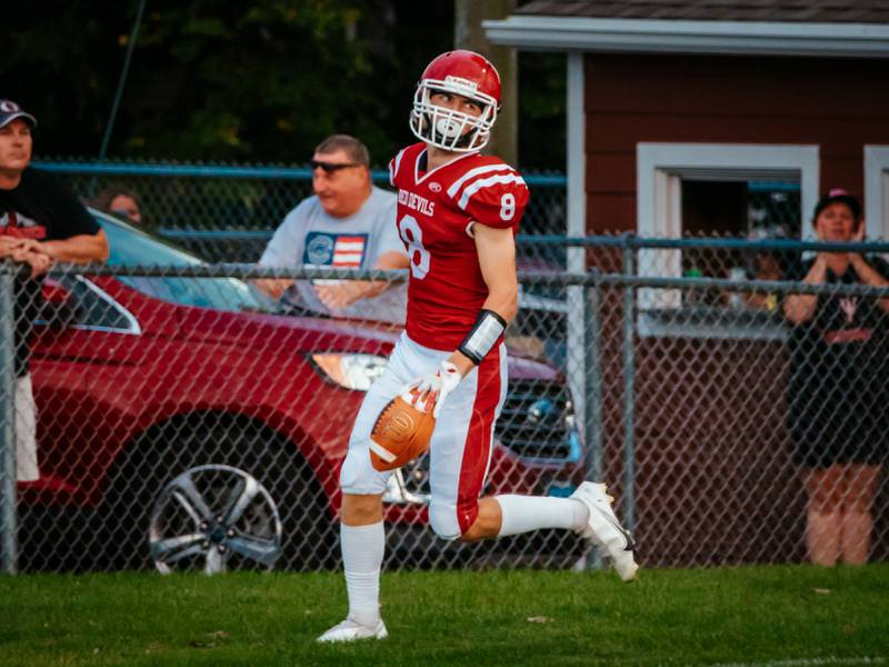 Braden Curran of Hall gets touchdown on Friday, August 30, 2024 at Richard Nesti Stadium in Spring Valley.