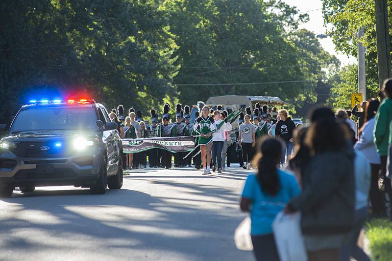 The Rock Falls marching band and color guard starts the homecoming parade Thursday, Sept. 22, 2022.