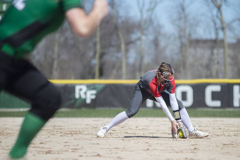 Ottawa's Hailey Larsen gobbles up a ground ball at third base against Rock Falls on Saturday, April 9, 2022.