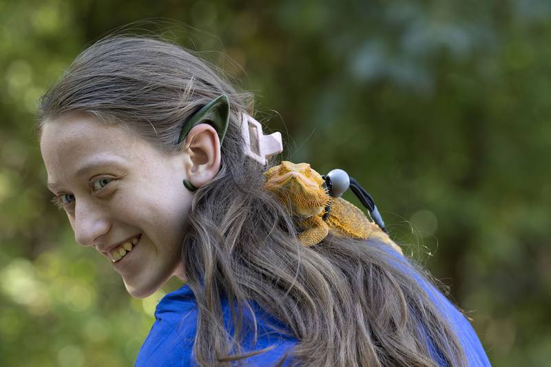 Loki, a citrus leatherback bearded dragon, hangs out with Serafina Wyncoop of Yorkville Sunday, October 5, 2025, during the Olde English Faire at the Stronghold in Oregon. The fair was running in conjunction with Oregon’s Autumn on Parade celebration.