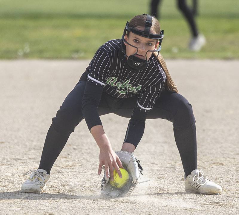 Rock Falls’ Hayden Buntjer fields a grounder at shortstop against Dixon Thursday, May 7, 2026.