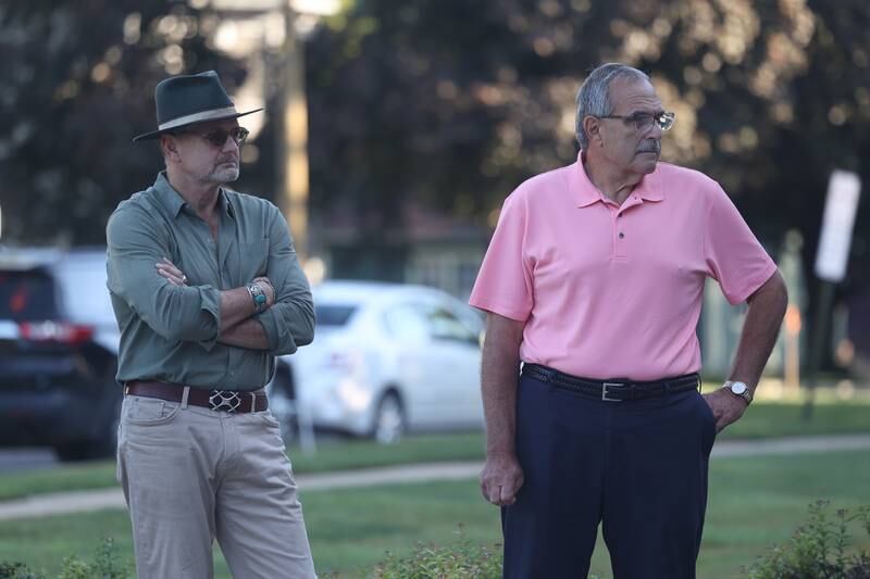 Lockport Mayor Steven Streit (left) and Crest Hill Mayor Raymond Soliman attend the reopening celebration of the Lockport High School Central Campus on Friday, Aug. 16, 2024.