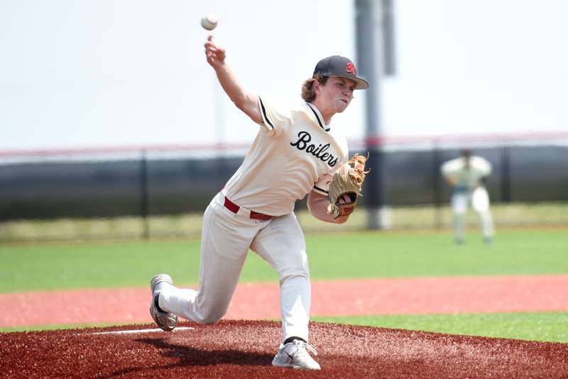 Bradley-Bourbonnais' Andrew Kubal throws a pitch during the Class 4A Bradley-Bourbonnais Regional quarterfinals against Pekin at 315 Sports Park in Bradley Monday, May 25, 2026.