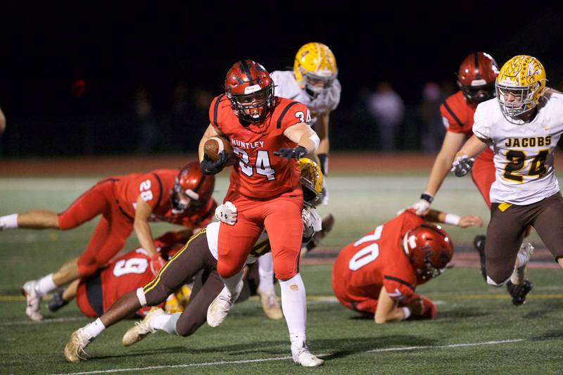 Huntley's Haiden Janke carries the ball against Jacob's on Friday, Sept. 23,2022 in Huntley.