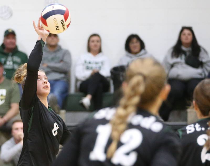 St. Bede's Nellie Potthoff blasts the ball to the Henry-Senachwine side of the net during the Class 1A Regional final game on Thursday, Oct. 31, 2024 at St. Bede Academy.