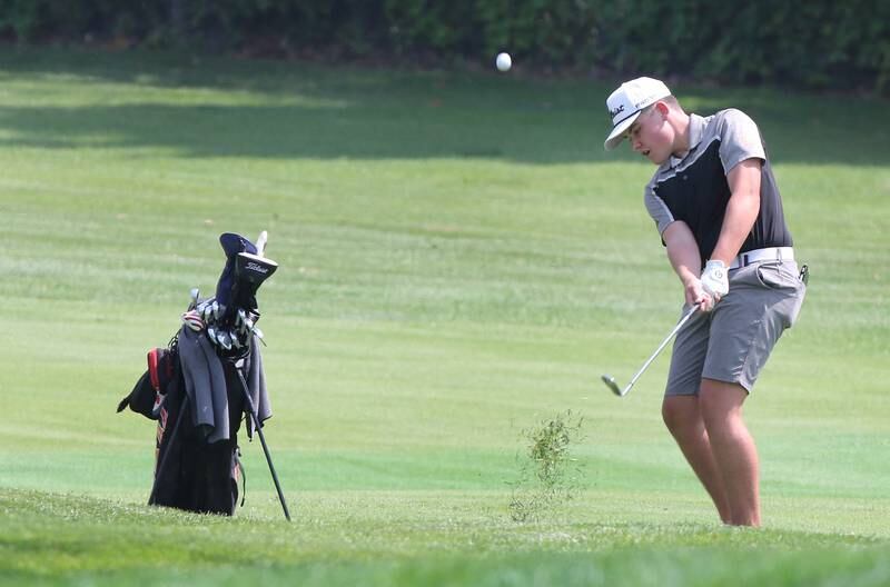 DeKalb’s Jonah Keck hits a shot on the first hole during the Mark Rolfing Cup Monday, Aug. 21, 2023, at the Kishwaukee Country Club in DeKalb.