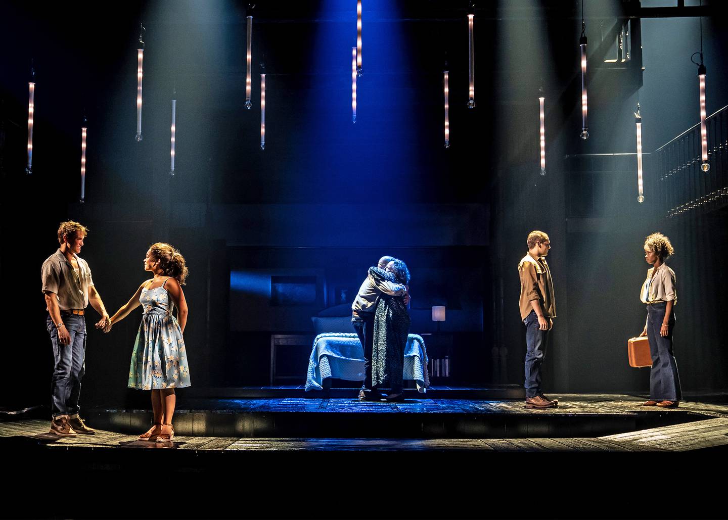 Younger Noah (John Cardoza) and Younger Allie (Jordan Tyson), Older Noah (John Beasley) and Older Allie (Maryann Plunkett), and Middle Noah (Ryan Vasquez) and Middle Allie (Joy Woods) in Chicago Shakespeare Theater’s world premiere production of "The Notebook," a new musical.