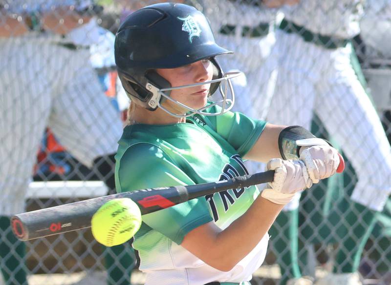 Dwight's Elizabeth Hansen makes contact with the ball against St. Bede on Friday, May 15, 2026 at St. Bede Academy.