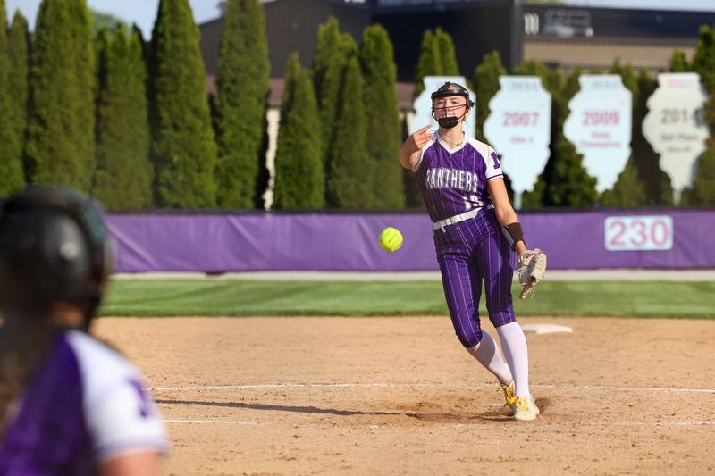 Manteno's Maddy Delya releases a pitch during Manteno's 11-1 loss to Seneca on Friday, May 8, 2026.