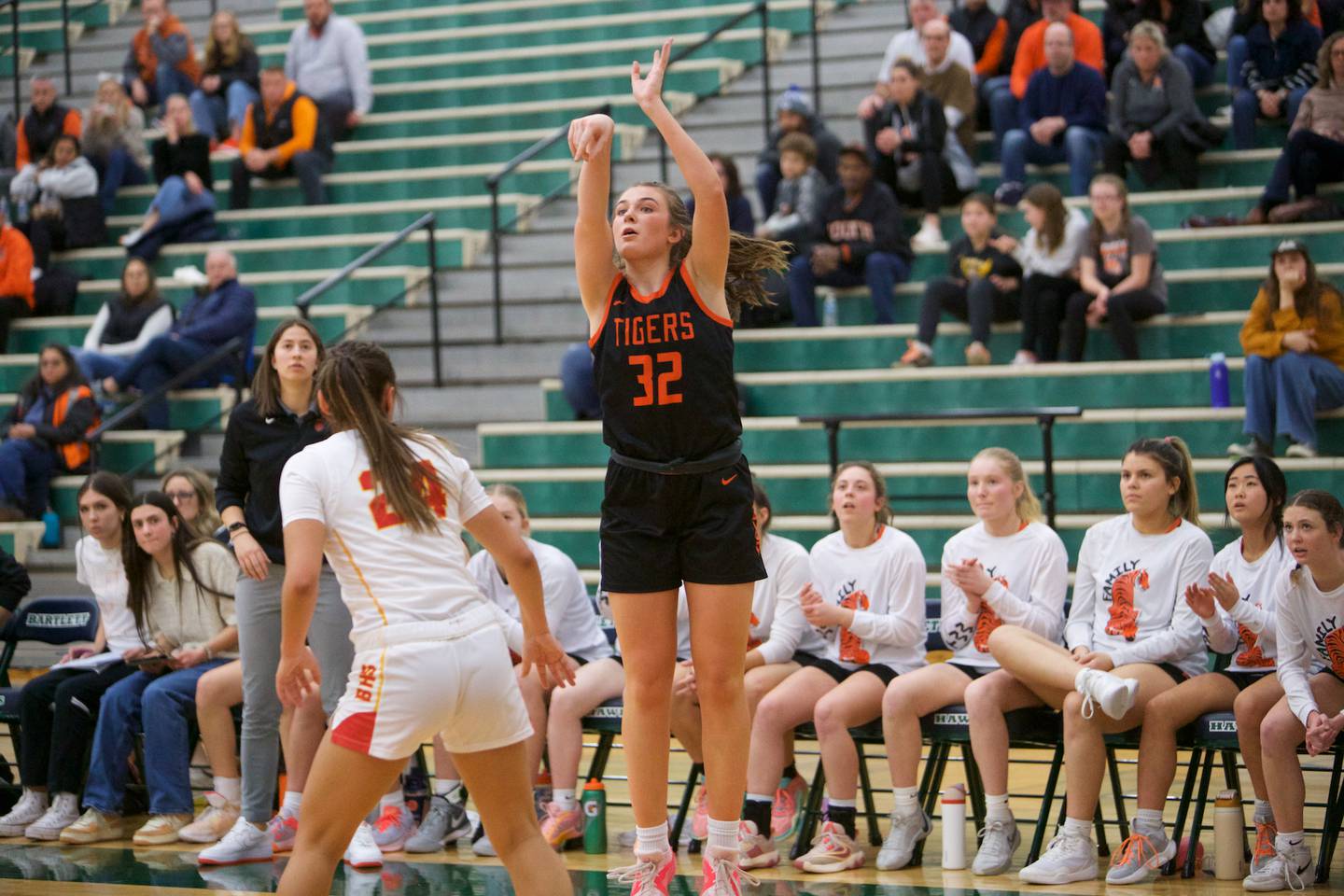 Wheaton Warrenville South's Hannah Struebing shoots a three pointer against Batavia at the Class 4A Regional Final on Friday, Feb.26,2024 in Bartlett.