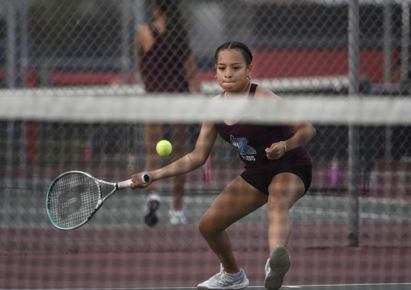 Kankakee's Samantha Medina returns a hit in the first place match of the All-City tournament against Bradley-Bourbonnais on Wednesday, October 1, 2025.