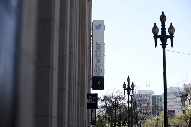 A sign is pictured outside the Twitter headquarters in San Francisco, Monday, April 25, 2022. Elon Musk reached an agreement to buy Twitter for roughly $44 billion on Monday, promising a more lenient touch to policing content on the platform where he promotes his interests, attacks critics and opines on social and economic issues to more than 83 million followers. (AP Photo/Jed Jacobsohn)