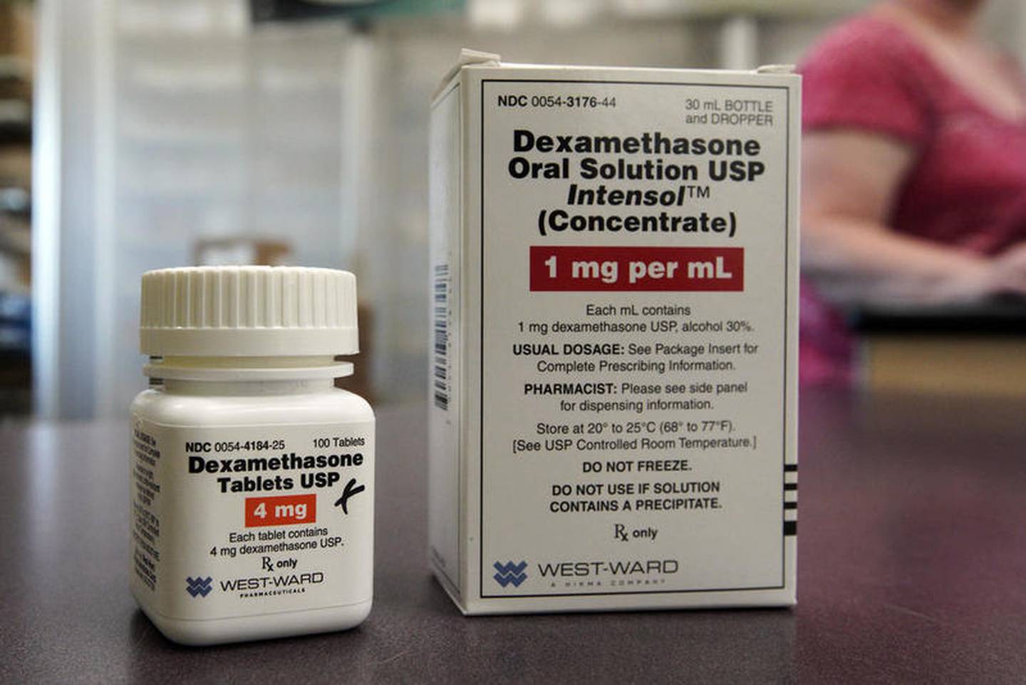 Packages of Dexamethasone are displayed in a pharmacy, Tuesday, June 16, 2020,  in Omaha, Neb. Researchers in England said Tuesday they have the first evidence that the drug can improve COVID-19 survival. The cheap, widely available steroid called dexamethasone reduced deaths by up to one third in severely ill hospitalized patients. (AP Photo/Nati Harnik)
