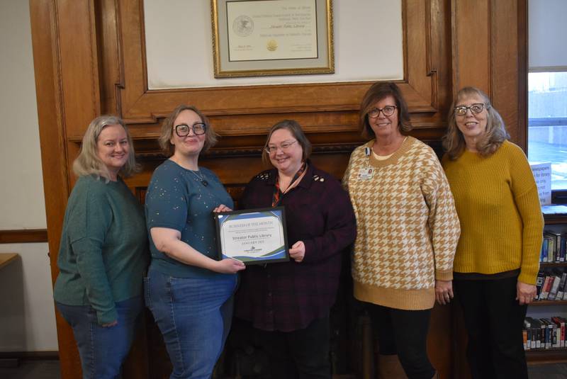 The Streator Chamber of Commerce recognized the Streator Public Library for their ongoing impact on Streator's community. Pictured: (L to R) Jeanne McMenamin (Chamber), Amber Miller, Executive Director, Melissa Badger (Library Director), Lori Snell (Chamber Board), and Judy Booze (Chamber Ambassador).