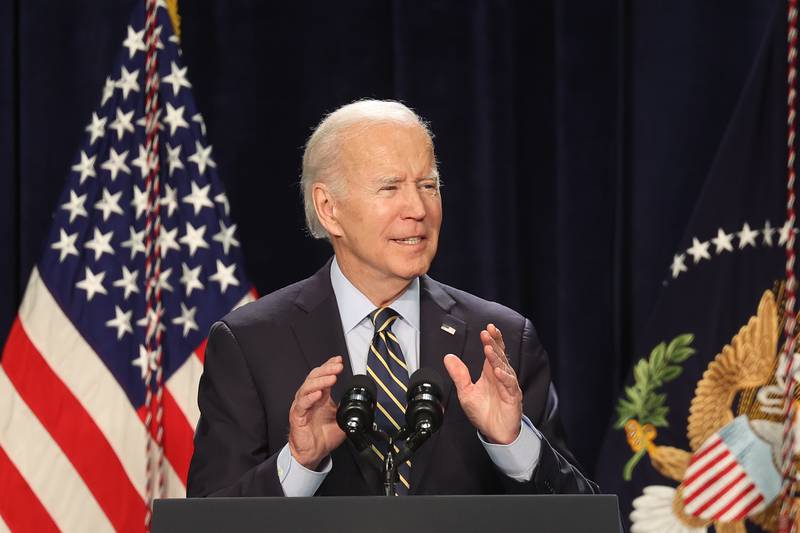 President Joe Biden speaks about Social Security and Medicare during a stop in Joliet at Jones Elementary School on Saturday.