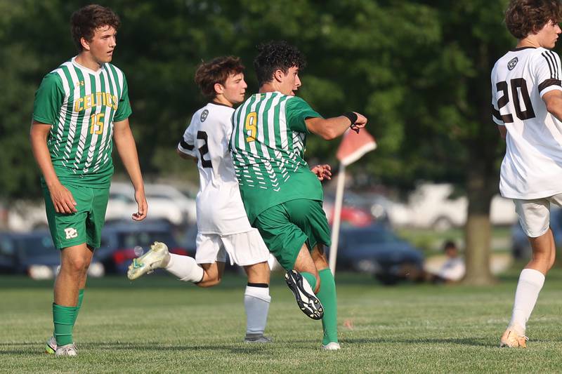 Providence’s Dean Lavvas watches his shot find the back of the net against Joliet Catholic on Aug. 21, 2023 in New Lenox.